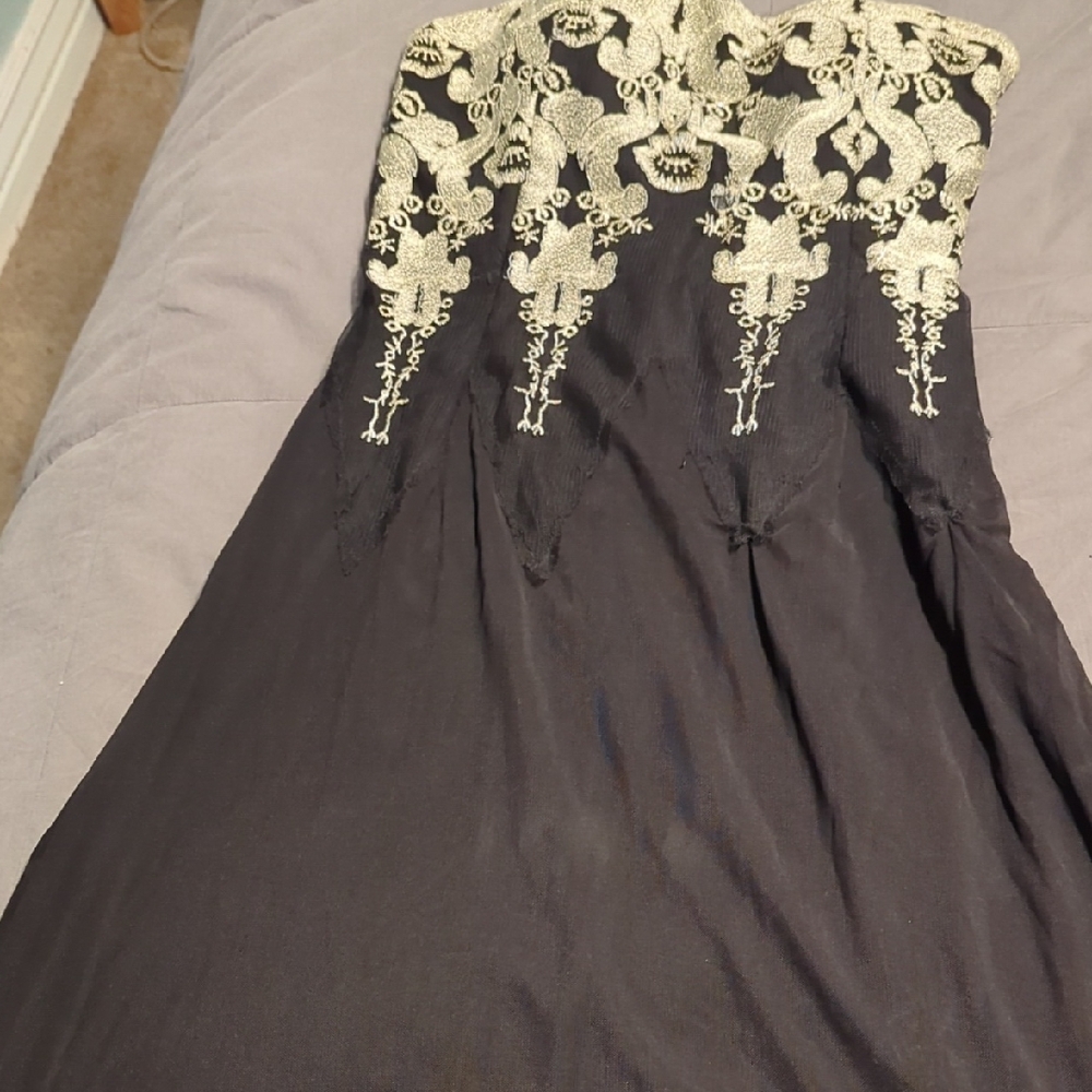 Black and Gold Embellished Strapless Cocktail Dress